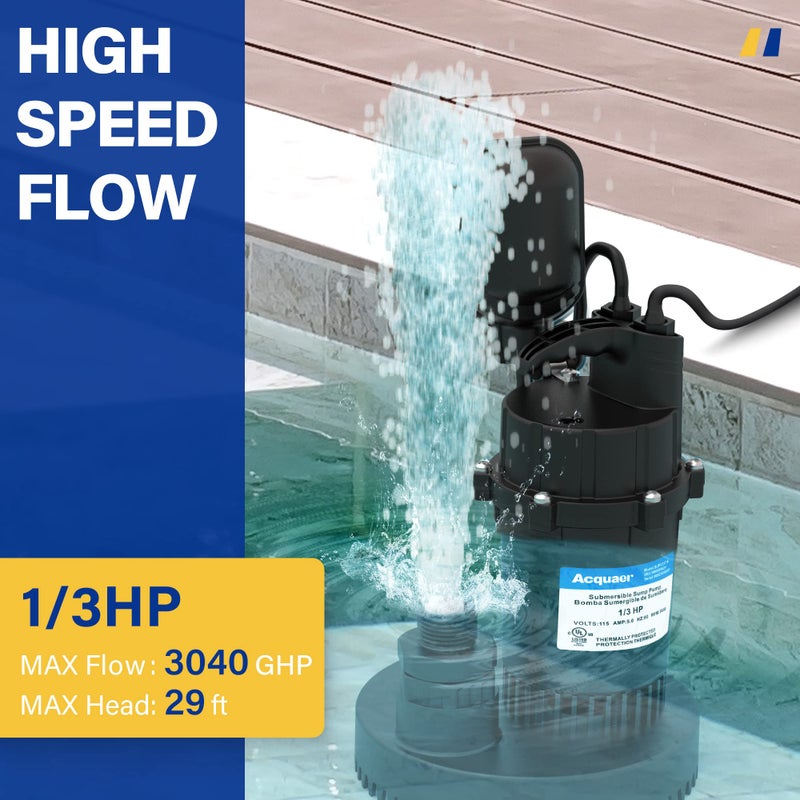 Acquaer 1/3 HP Sump Pump, 3040 GPH Submersible Clean/Dirty Water Pump with Automatic Float Switch and 10ft Power Cord Sub Pump for Basement, Pool, Pond, Drain, Flooded Cellar, Aquarium and Irrigation - Image 5